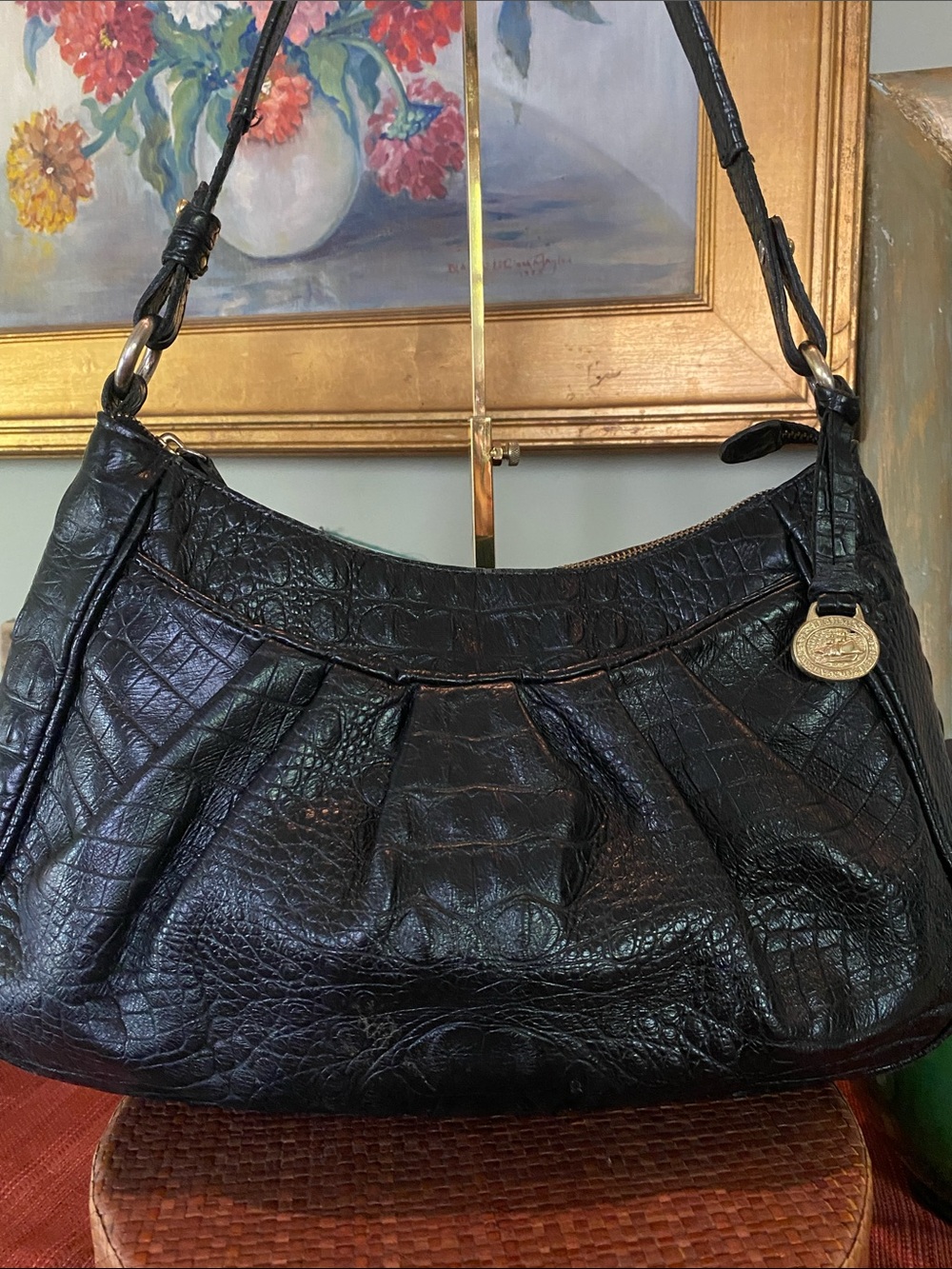 Brahmin Black croc-embossed genuine leather